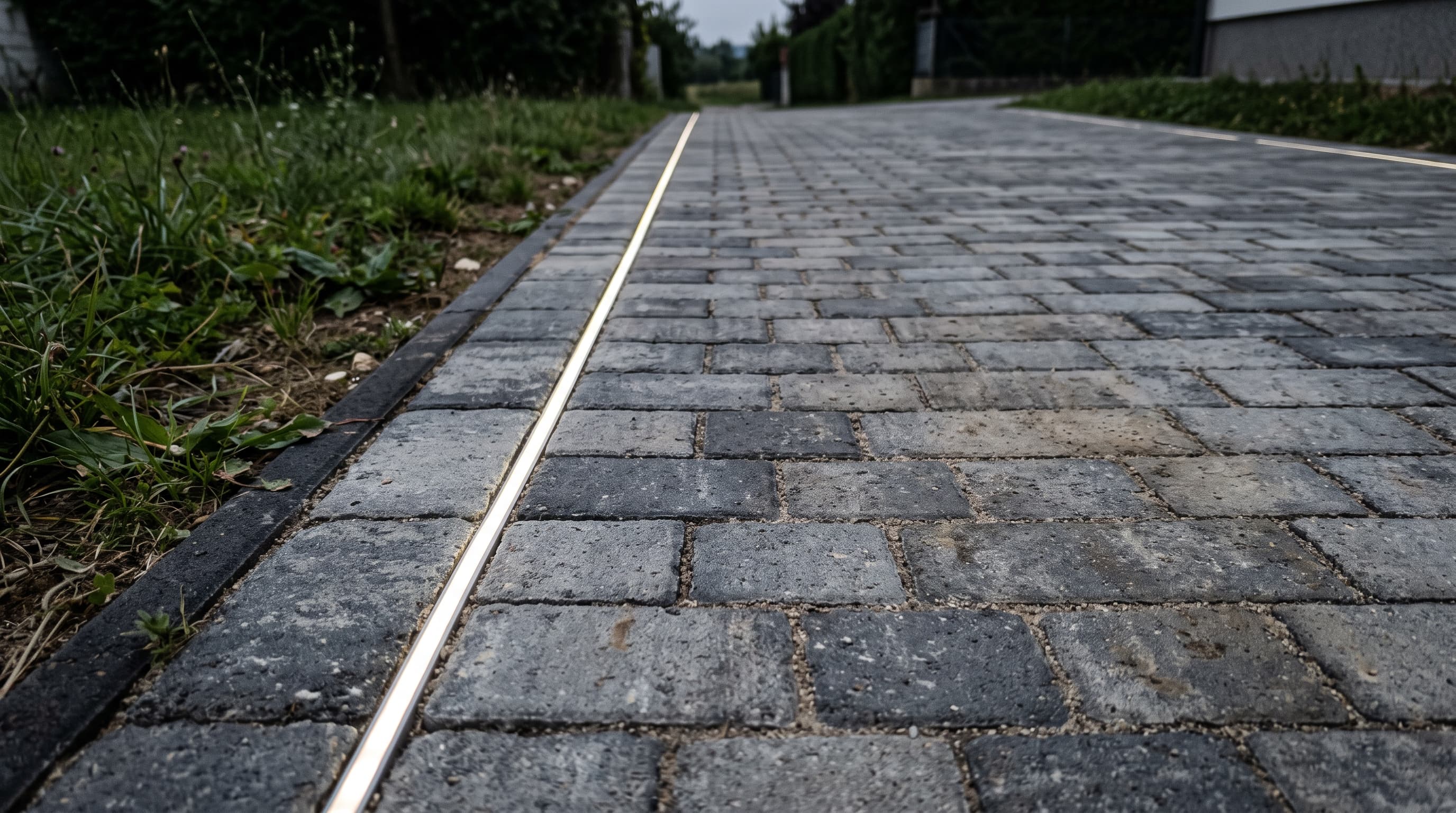 Prikaz LED razsvetljave, vgrajene v fugo tlakovanega dovoza, v večernem mraku